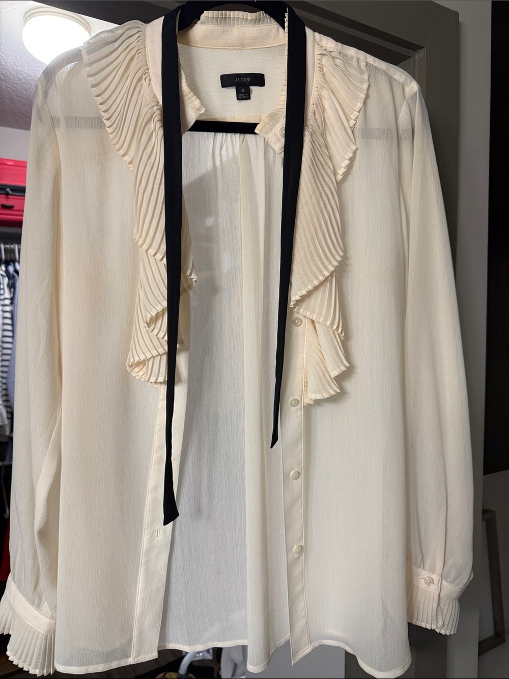 J. Crew Cream Ruffle Tie-Neck Blouse Jacket with Black Ribbon